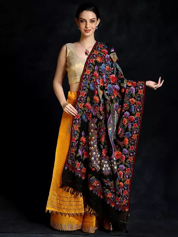 Black-Beauty Woolen Kashmiri Shawl With Multicolored Peacock-Floral Aari Embroidery