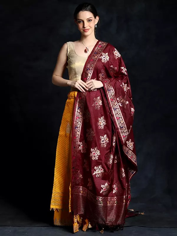 Banarasi Silk Floral Butta Motif Brocaded Dupatta with Latkan Palla