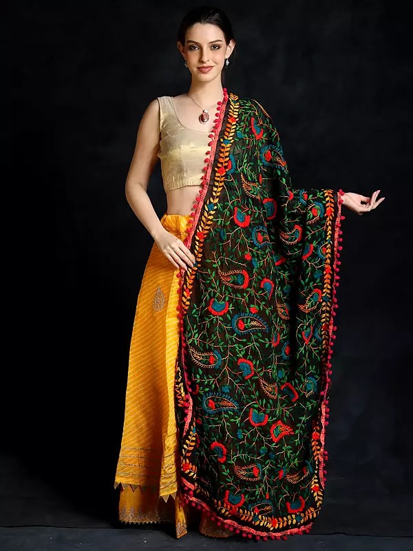Black-Beauty Georgette Phulkari Dupatta with Multicolored Floral Vines Embroidery