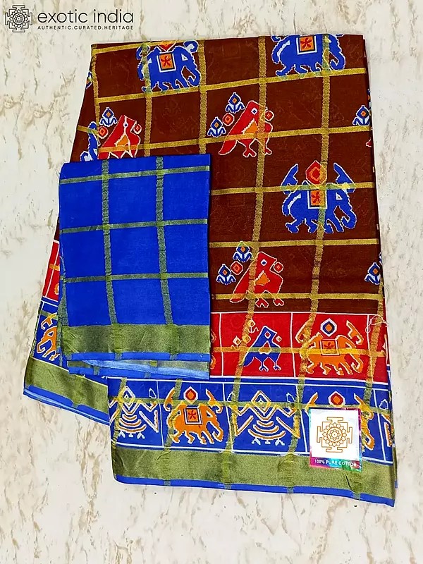 Brandy-Brown Patola Print Pure Cotton Saree With Blue Blouse