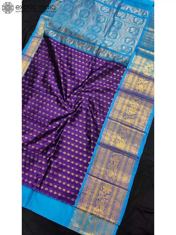 Purple Handwoven Silk Saree And Blue Border With Blouse