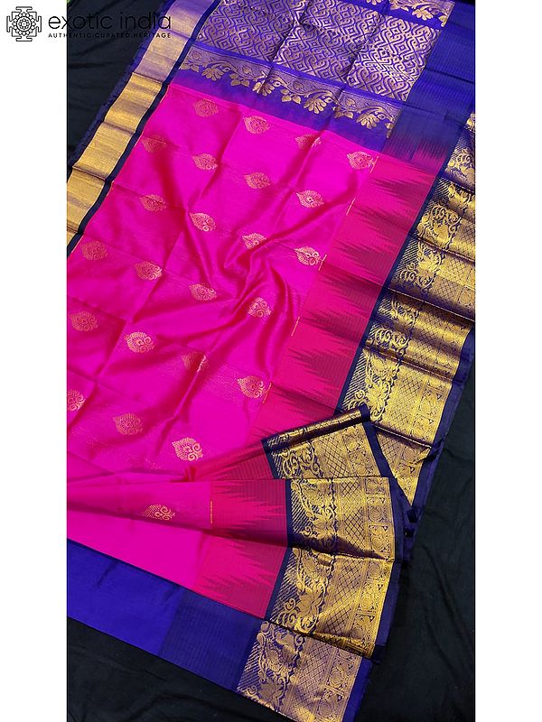 Bright-Pink Silk Saree With Rich Pallu And Contrast Blouse