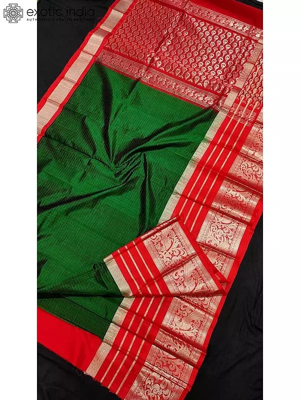 Dark-Green And Red Gadwal Pattu Silk Saree With Contrast Blouse
