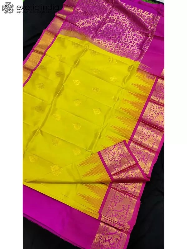 Cadmium-Yellow Gadwal Pattu Silk Saree With Pink Border
