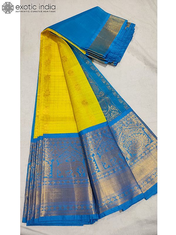Canary-Yellow Gadwal Pattu Silk Saree With Contrast Blouse