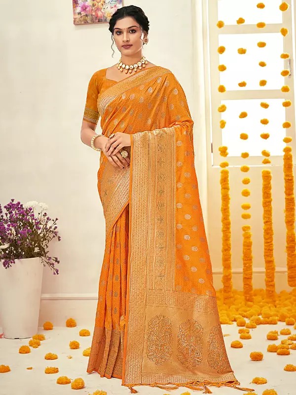 Silk Zari Work Saree And Floral Pallu With Beautiful Blouse