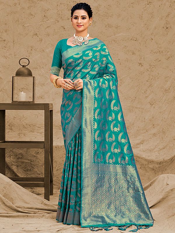 Silk Leaf Motif Saree With Floral Pallu And Blouse