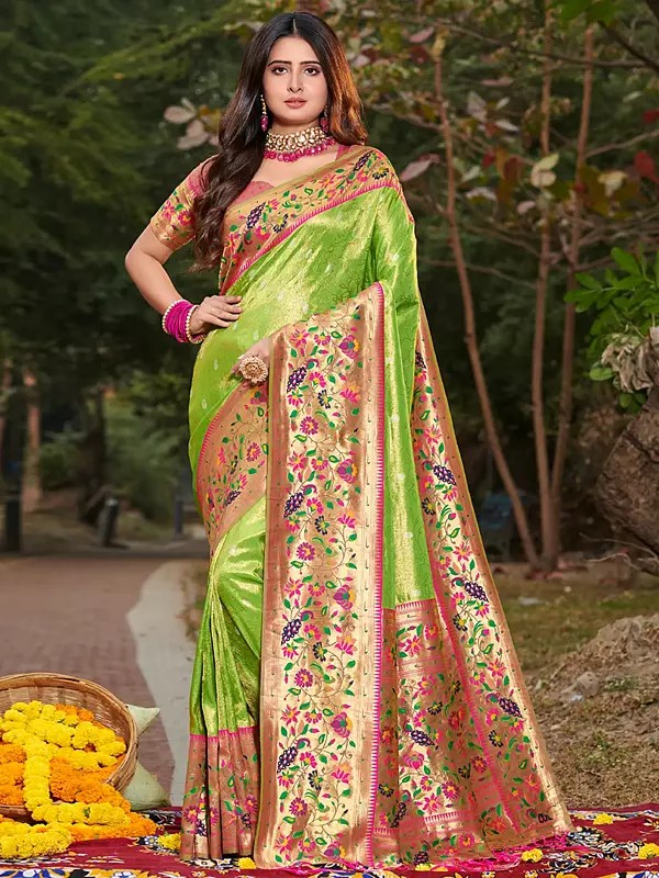 Paithani Floral Vine Broad Border Silk Saree with Blouse