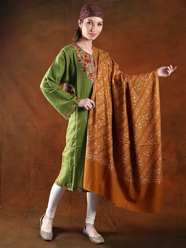 Golden-Oak Pashmina Handwoven Shawl With Floral Vine Pattern Silk Embroidery