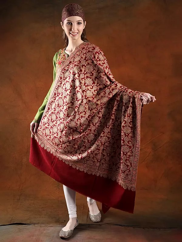 Haute-Red Machine Spun Jamawar Shwal With All-Over Handwoven Silk Embroidery