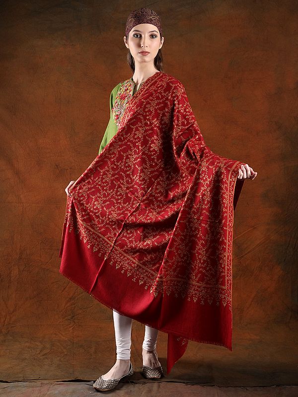 Pashmina Barbados-Cherry Handspun Shwal With All-Over Jaal Cotton Embroidery