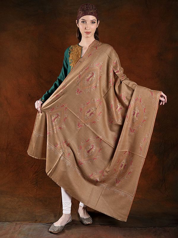 Iced-Coffee Color Handspun Pashmina With Multicolor Silk Embroidery