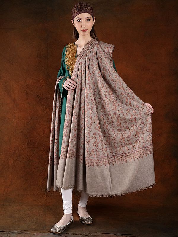 Pashmina Peyote Color Machine Spun Extra-Wide Shawl With Floral Jaal Pattern Cotton Embroidery (Unisex)