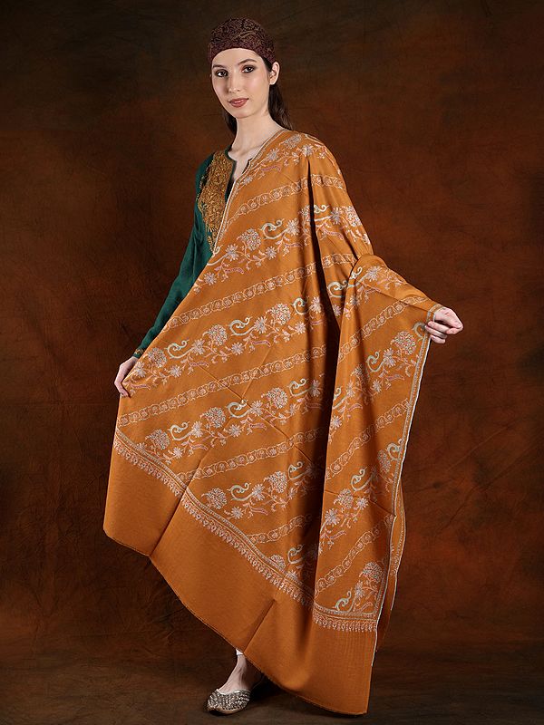 Pashmina Nugget Color Machine Spun Shawl With Floral Stripe Pattern Cotton Embroidery