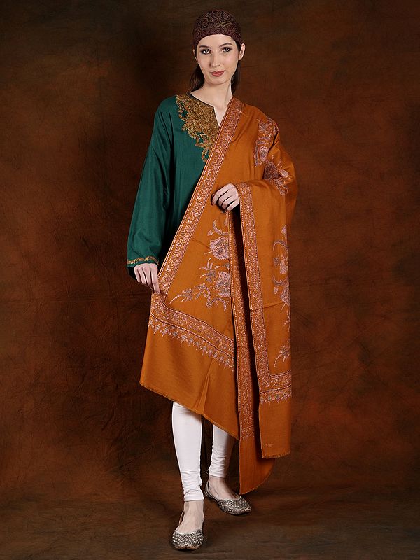 Orange-Papper Machine Spun Floral Cotton Embroidered Pashmina Shawl