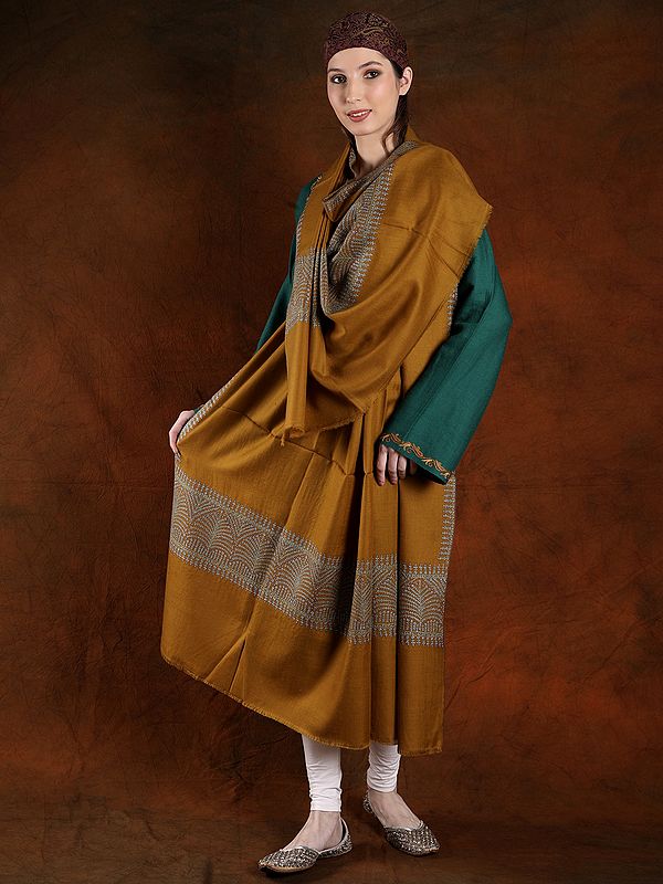 Buckthorn-Brown Hand Spun Tree Cotton Embroidered Border Pashmina Shawl