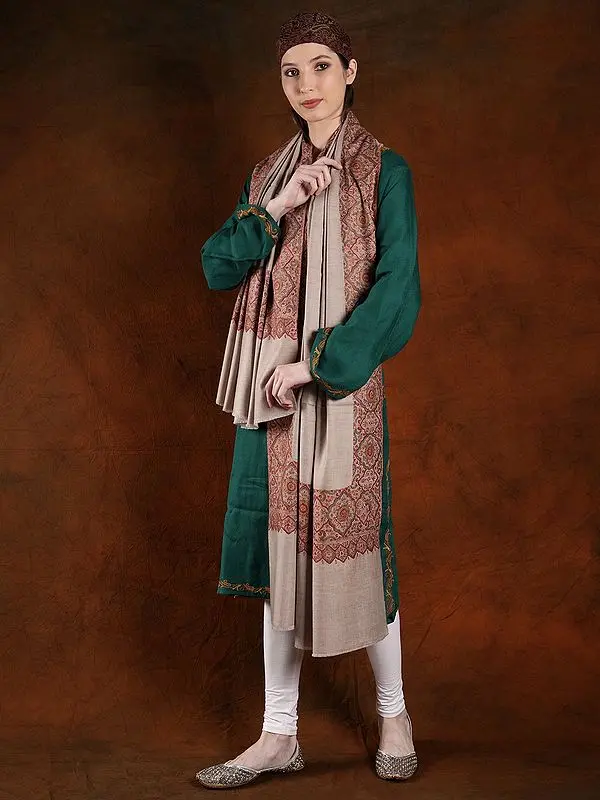 Feather-Gray Pashmina Machine Spun Multicolor Silk Embroidered Border Shawl