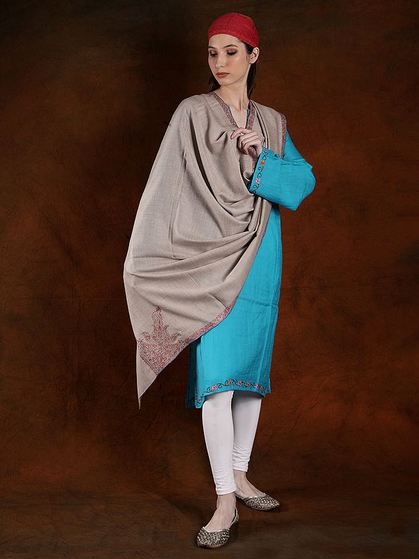 Light-Gray Machine Spun Silk Embroidered Border Pashmina Shawl