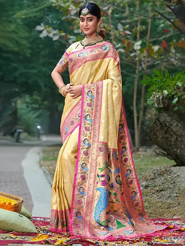 Paithani Floral Saree Broad Golden Pallu and Blouse