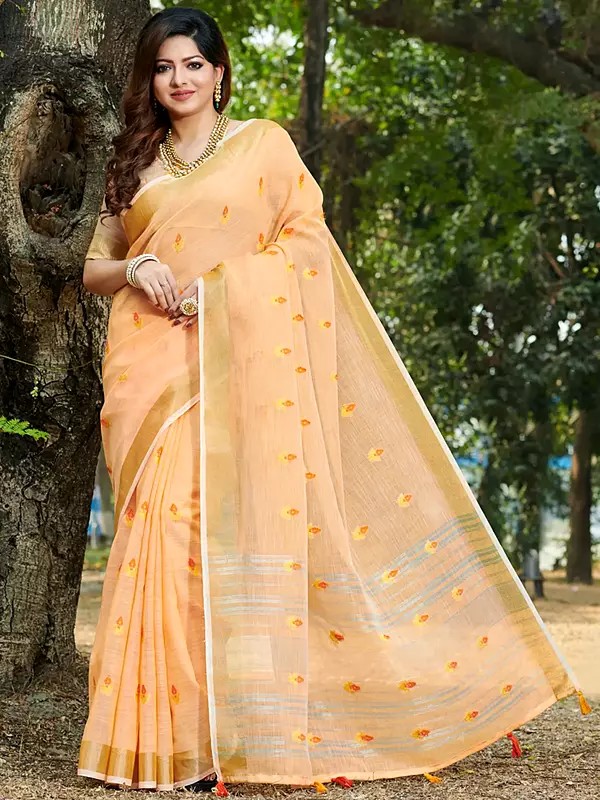 Linen Saree with Golden Plane Border with Blouse