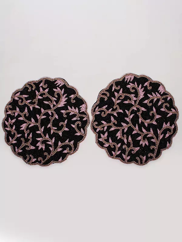 Black-Pink Beaded Round Shaped Table Mat (Set of 2)