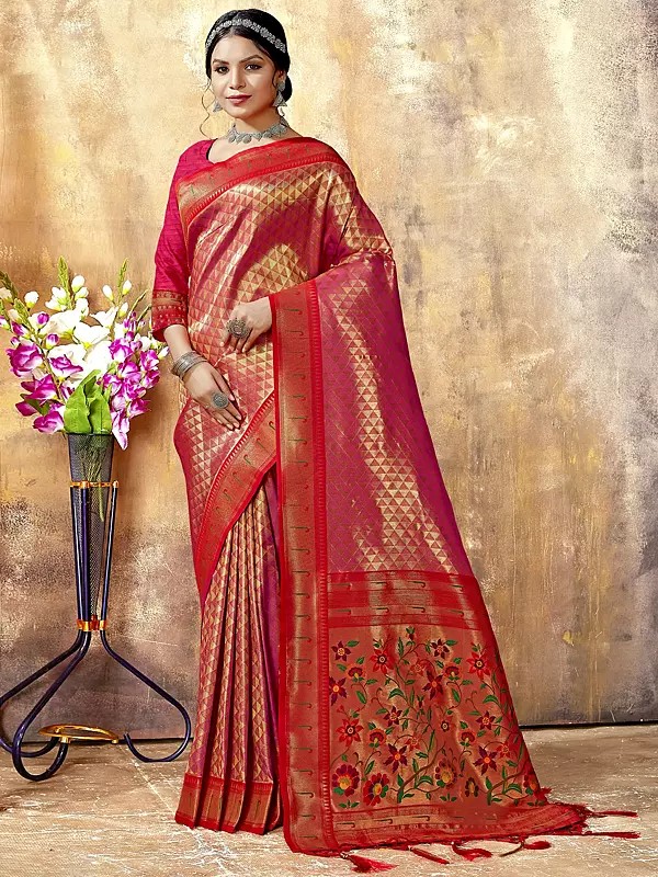 Kanjivaram Triangle Pattern Silk Saree With Floral Design Pallu And Blouse