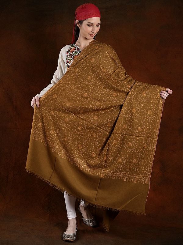 Russet-Brown Handspun Pashmina Shawl With Cotton Embroidery And Vine Border