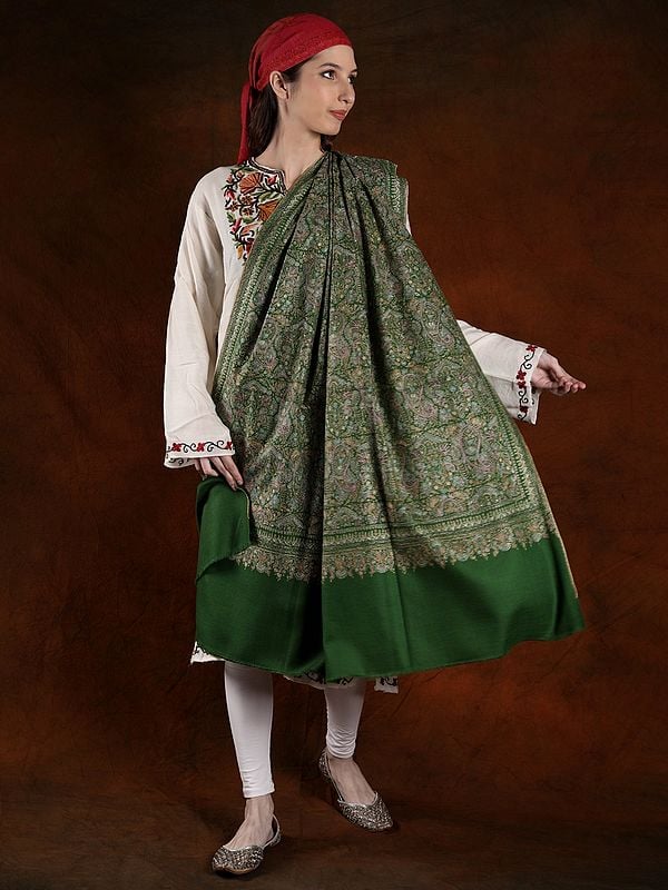 Dark-Green Silk Embroided Handspun Pashmina High End Jamawar Shawl With Paisley Butta Pattern