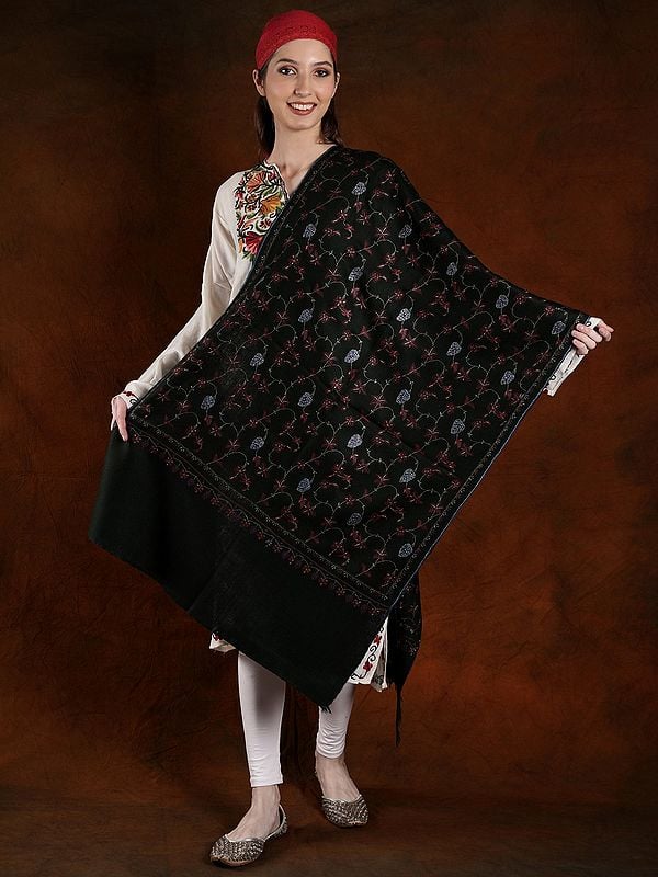 Soot-Black Color Handspun Pashmina Stole With Cotton Embroidery