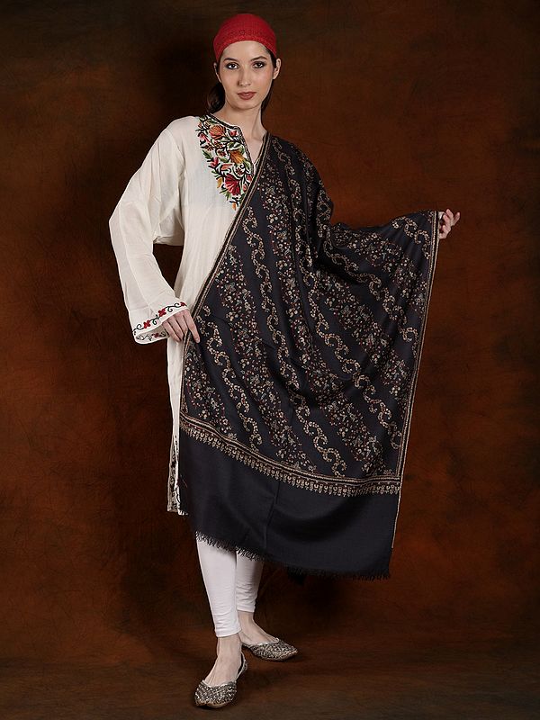 Deep-Brown Handspun Pashmina Stole with Cotton Embroidery and Floral Border