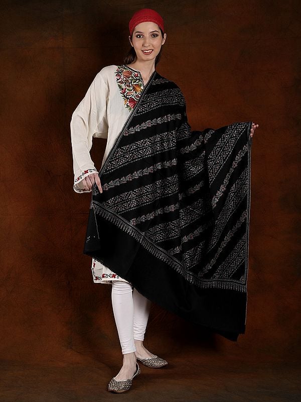 Black-Onyx Cotton Embroidered Machine Spun Pashmina Shawl