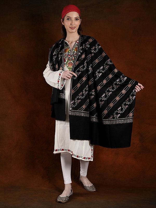 Machine Spun Pashmina Shawl with Cotton Embroidery and Floral Palla