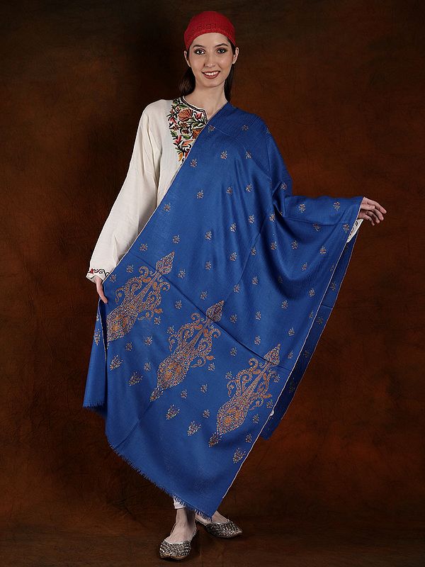Azure Blue Handspun Pashmina Stole with Cotton Embroidery