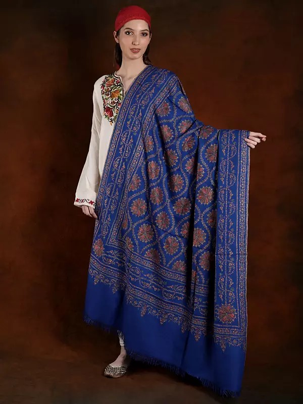 Navy-Blue Handspun Pashmina Shawl With Silk Embroidery