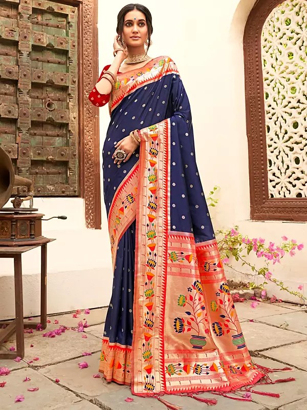 Paithani Silk Traditional Tassle Saree With Sunflower Design And Blouse