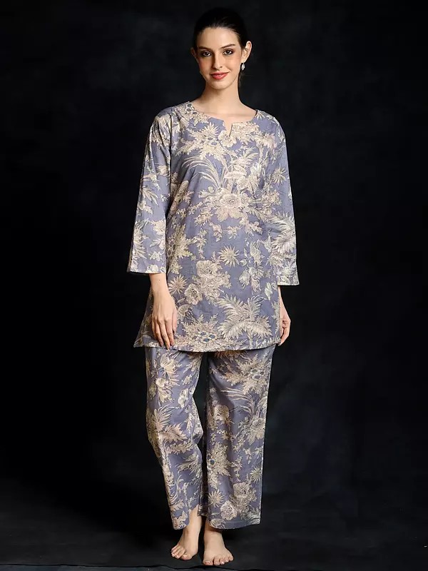 Halogen-Blue Pure Cotton Floral Printed Co-Ord Set for Women