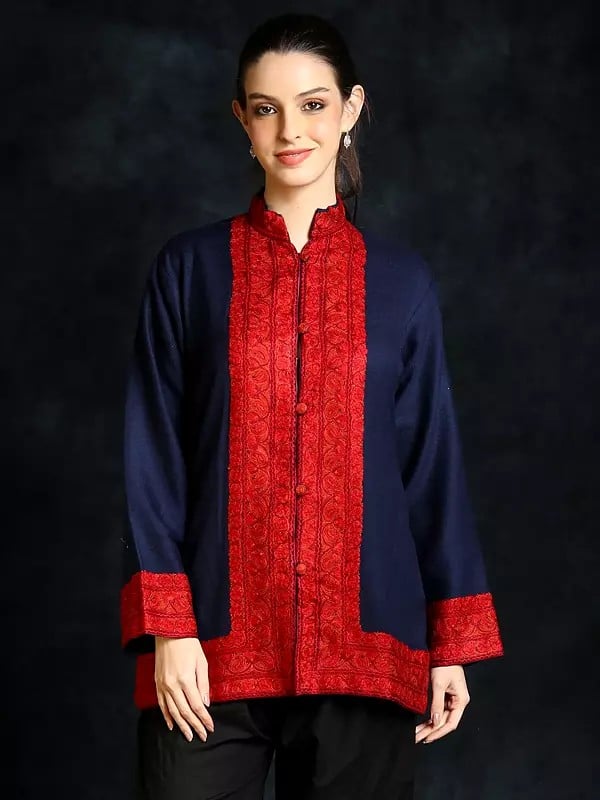 Estate-Blue Plain Kashmiri Pure Wool Short Jacket With Paisley Aari Embroidery by Hand