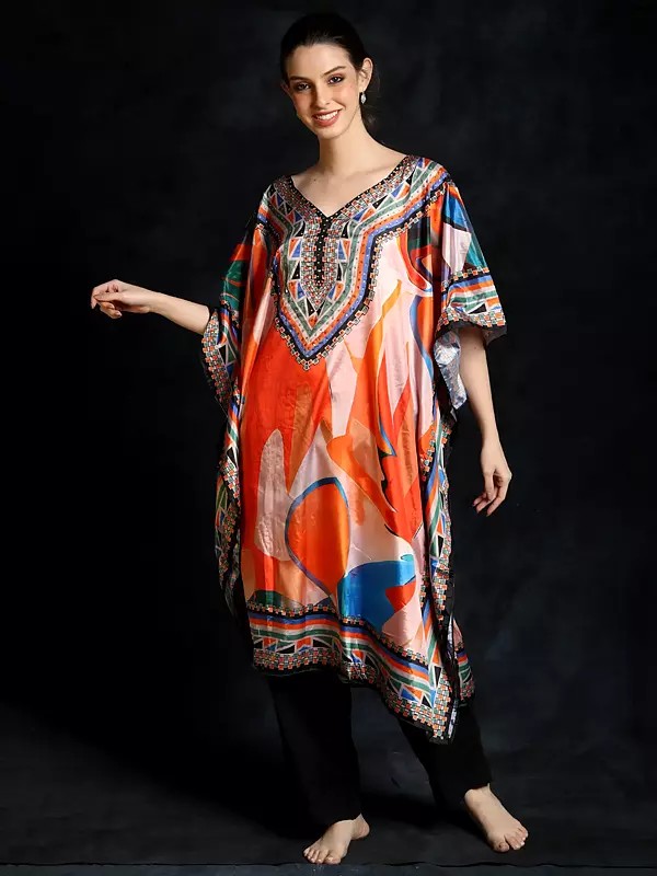 Short Kaftan with African Print and Beadwork on Neck