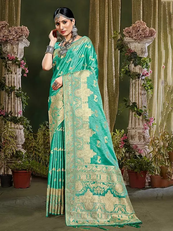 Banarasi Silk Peacock Design Saree With Golden Border And Blouse