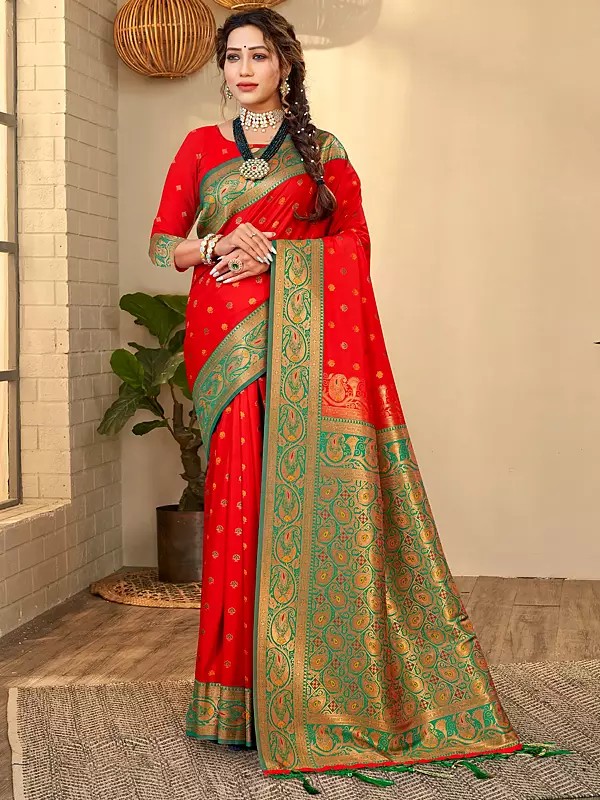 Banarasi Silk Traditional Saree With Golden Paisley Design In Pallu And Border