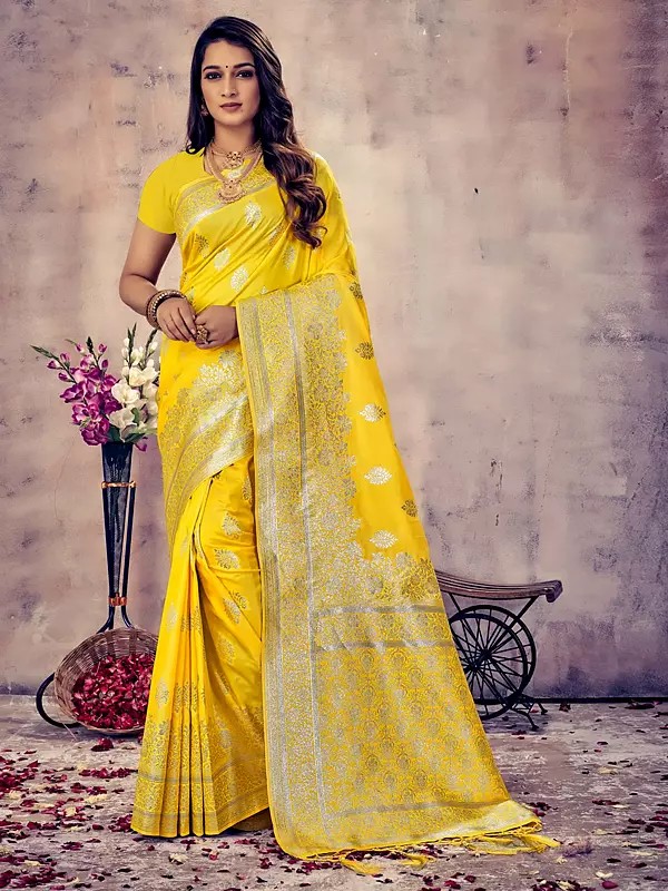 Banarasi Silk Tassel Saree With Golden Floral Design In Pallu And Border