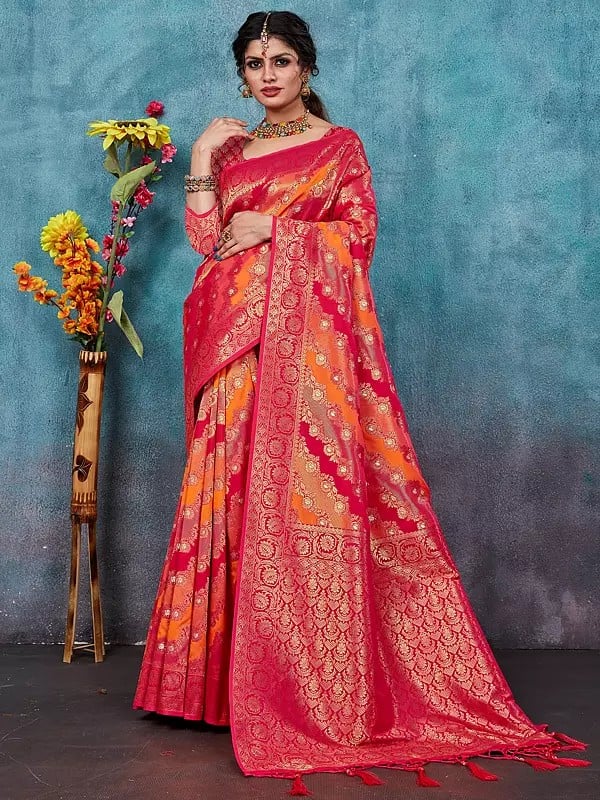 Banarasi Silk Zari Weaving Saree And Golden Lotus Design In Border