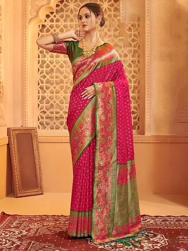 Banarasi Silk Zari Work Saree With Latkan And Floral Design In Border