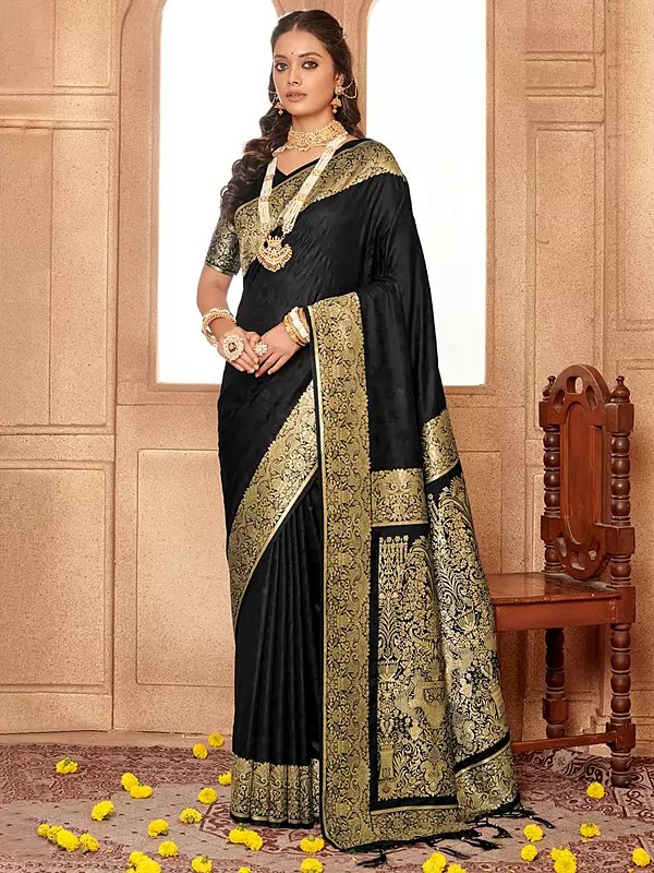 Banarasi Silk Floral Design Saree With Tassel And Blouse