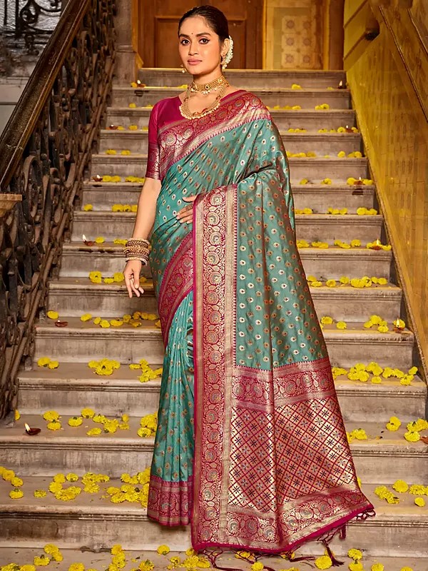 Banarasi Silk Traditional Saree With Flower Design In Border And Blouse