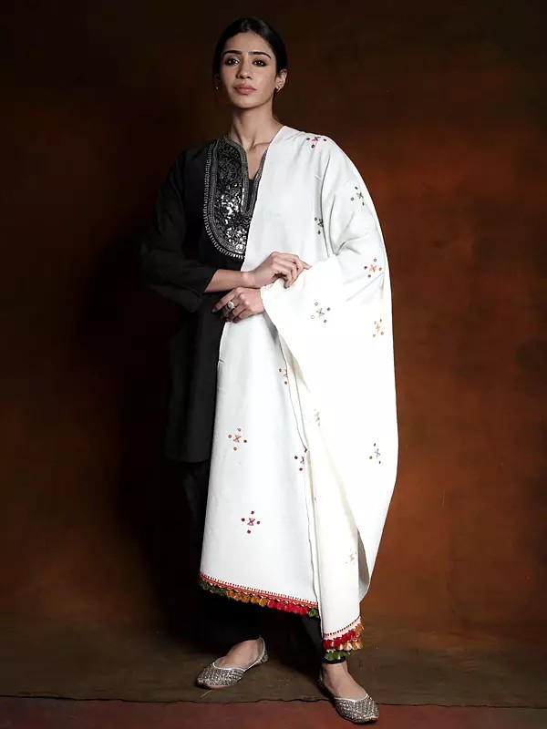 Woolen Plain Shawl from Kutch with Mirror Embroidery