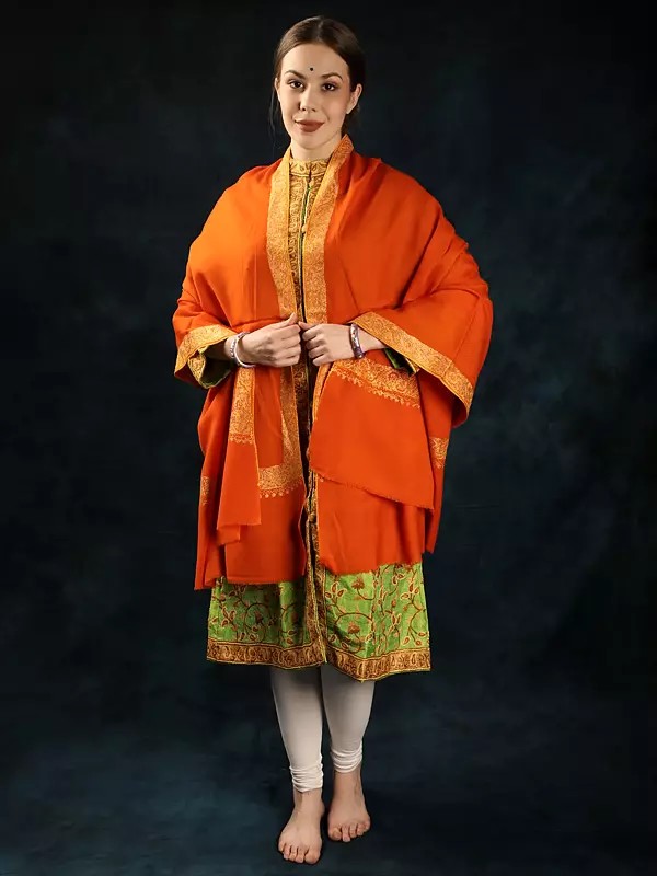 Mandarin-Orange Phool Bail Pattern Sozni Embroidered Border Pure Wool Shawl