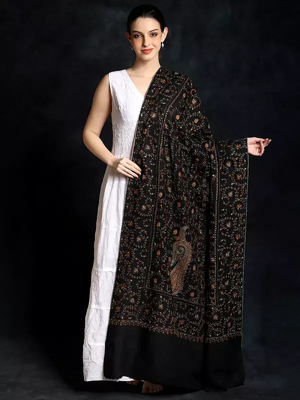 Black-Beauty Tusha Shawl with Sozni Paisley Jaal Embroidery by Hand