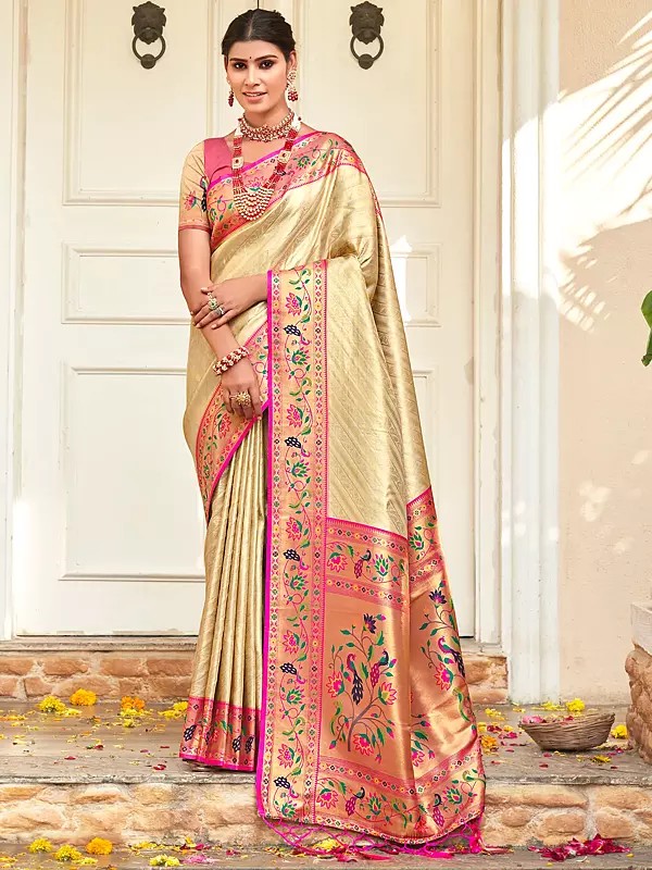 Paithani Silk Tassel Saree with Peacock Pattern in Golden Border and Pallu