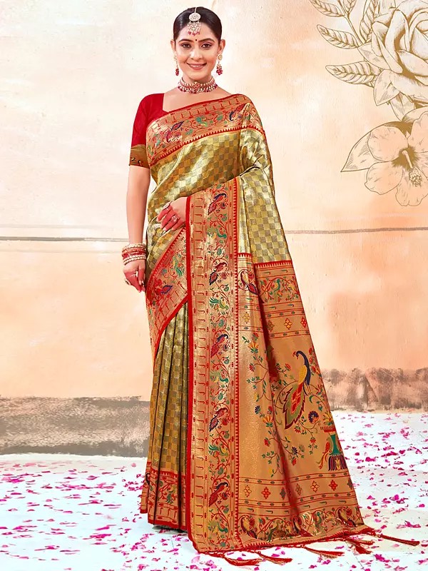 Paithani Silk Meenakari Weaving Work Saree with Peacock Pattern in Border and Pallu